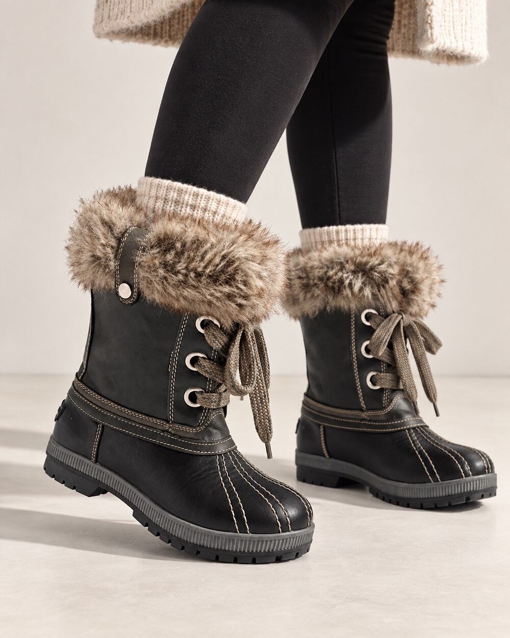 London Fog Milly Womens Size 7 Black Faux Fur Waterproof Duck Snow Boots Apres